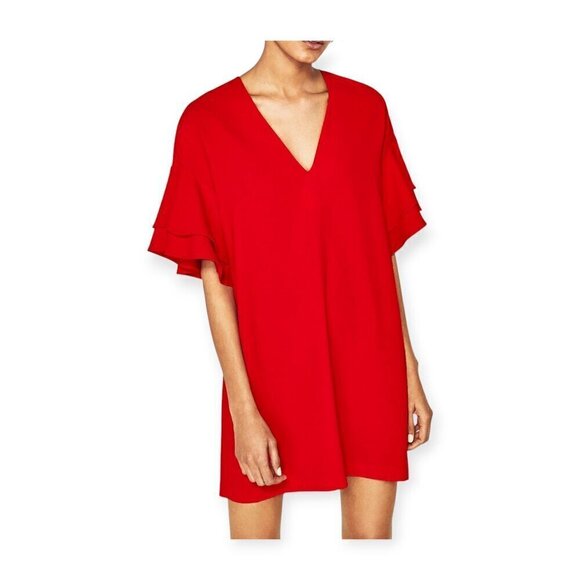 ZARA Red Shift Dress with Ruffle Sleeves Size XS - Picture 9 of 10